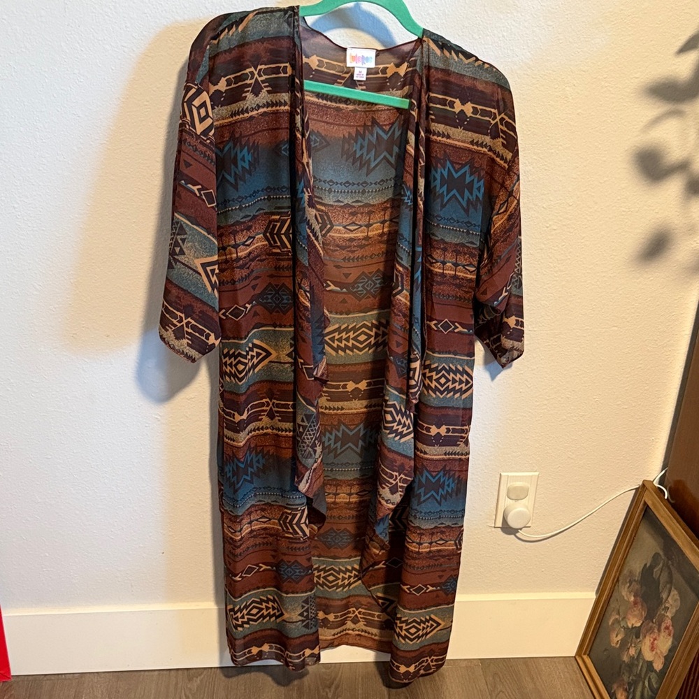 LuLaRoe Geometric Patterned Kimono in Brown and Blue